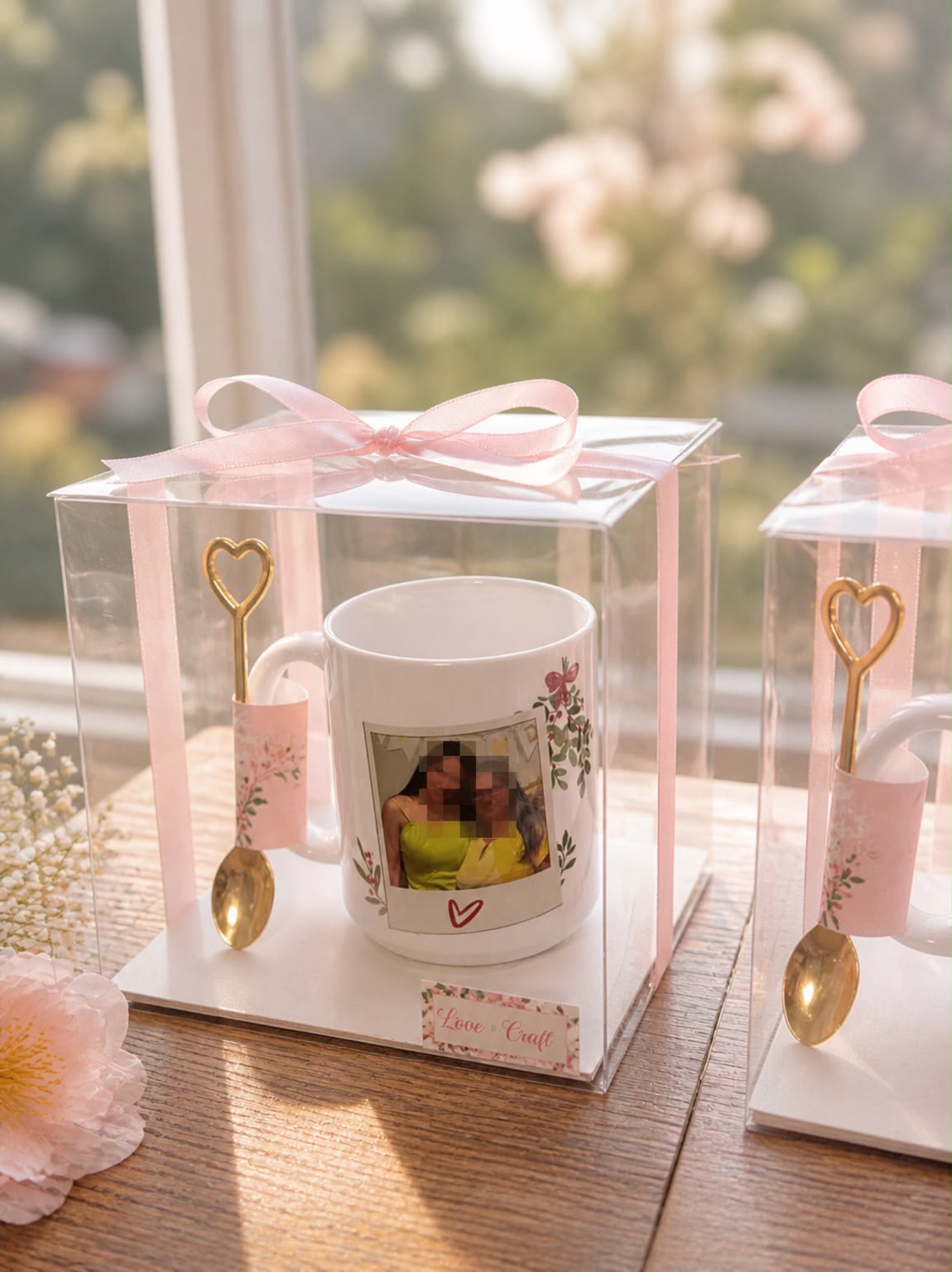 Custom printed mugs presented in a white gift box